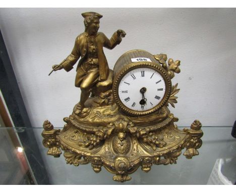 FRENCH MANTEL CLOCK, 19th Century gilt metal drum escapement mantel clock with courtier cresting, 11.5" height 