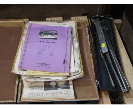 VINTAGE MUSIC, collection of assorted sheet music and song books in wooden case, together with music stand 