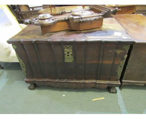 AFRICAN STINKWOOD TRUNK, ornate brass mounted lift top trunk with heavy carrying handles and lock plate, 40" width 