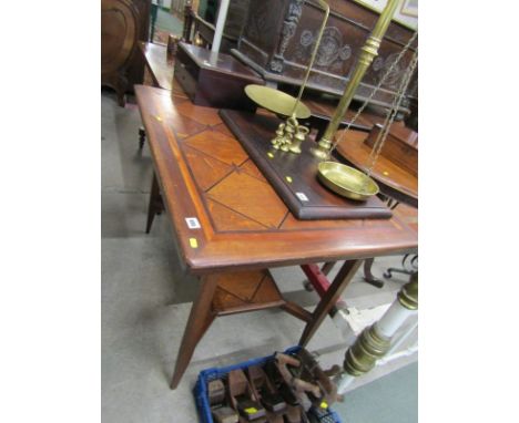 INLAID TABLE; An oak framed rectangular formed table with inlaid and cross banded decoration fitted a similar lower shelf, 38