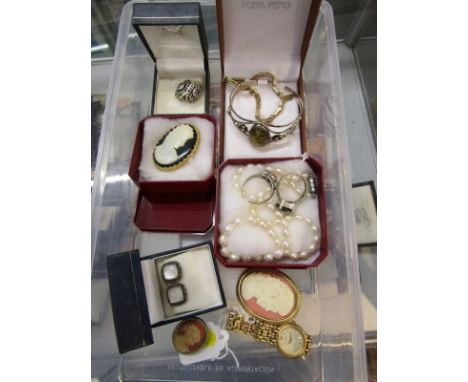 COSTUME JEWELLERY; Cameo brooches, bangle, earrings, rings etc 