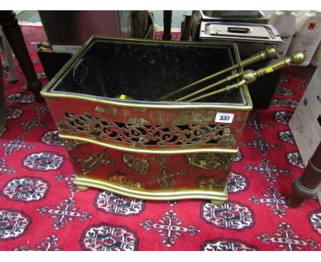 FIRE COMPANION WARE, brass pierced rim coal box with andirons and other fire tools 