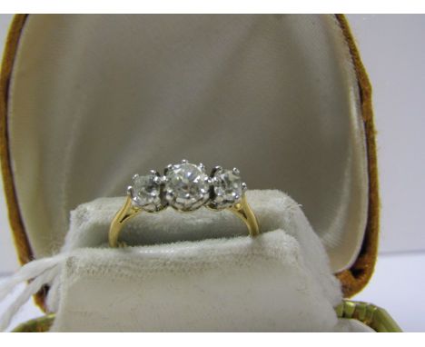 18ct YELLOW GOLD &amp; PLATINUM 3 STONE DIAMOND RING, 3 old cut diamonds of good colour and clarity, central diamond approx 0