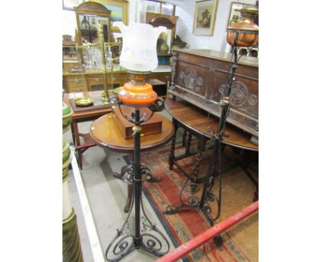 WROUGHT IRON, wrought iron tripod base adjustable oil lamp stand with lamp 