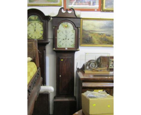 EARLY 19TH CENTURY 8 DAY LONGCASE CLOCK, floral painted breakarch face by Johnathan Bayne of Sterling with inlaid mahogany pr