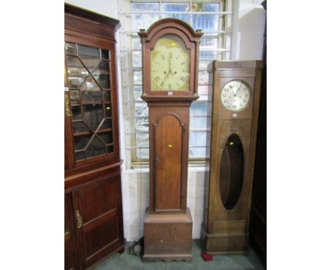 EARLY 19TH CENTURY 8 DAY LONGCASE CLOCK, painted breakarch face with panelled oak casing and bell strike 