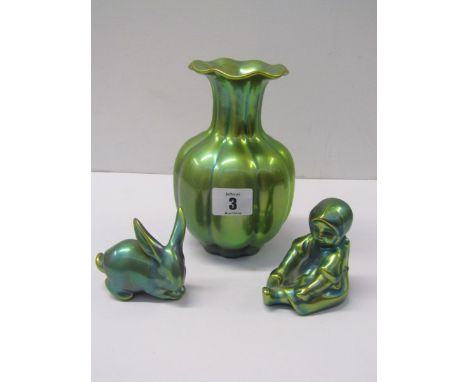 ZSOLNAY LUSTRE, gold and green lustre multi-ribbed 6.5" vase, together with 2 similar models of seated young girl and rabbit 