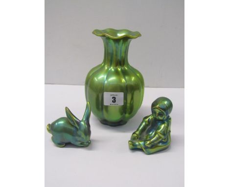 ZSOLNAY LUSTRE, gold and green lustre multi-ribbed 6.5" vase, together with 2 similar models of seated young girl and rabbit 