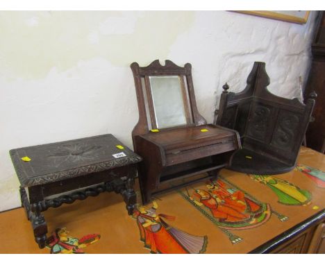 CARVED OAK STOOL, Edwardian mirrored shaving stand and corner bracket shelf 