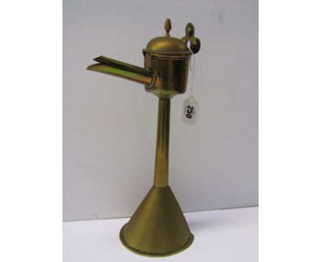 WHALING, a brass conical base whale oil lamp, 14" height 