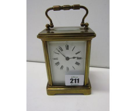 CARRIAGE CLOCK, brass cased bevelled glass carriage clock and key, 4.5" height 