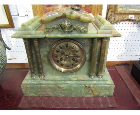 ONYX MANTEL CLOCK, a temple design green onyx and column support mantel clock, bell strike with penduleum 