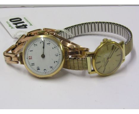 2 LADIES WRIST WATCHES both in a/f condition, 1 Omega, the other Vintage 15ct gold cased on expanding bracelet, marked 9ct 