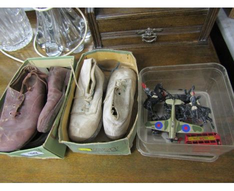 VINTAGE SHOES; 3 Pairs of vintage childrens leather shoes and boots, also a small selection of lead military figures on horse
