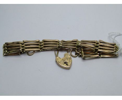9ct YELLOW GOLD 4 BAR GATE CHARM BRACELET; with padlock clasp and safety chain, 12.3 grms in weight 
