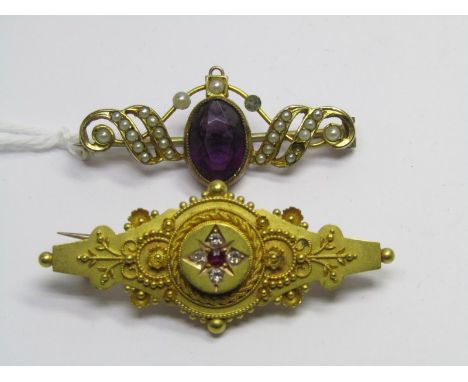 15ct YELLOW GOLD RUBY &amp; DIAMOND BROOCH, 6.1 grams with 1 other yellow metal brooch, 3.6 grams 