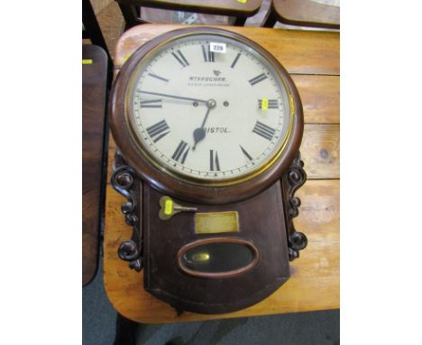 DROP DIAL WALL CLOCK, Fusee escapement, mahogany cased drop dial clock by William Vaughan of Bristol with presentation plaque