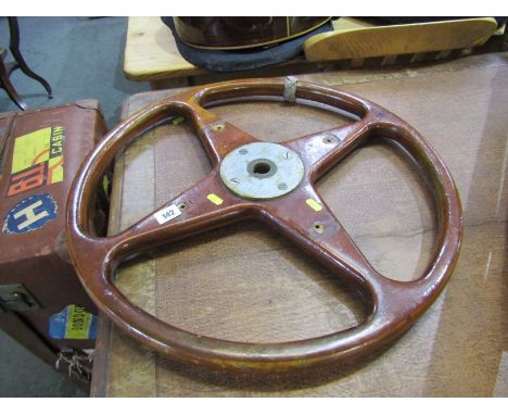 SHIPS WHEEL; Vintage mahogany framed yacht wheel, 22" dia 