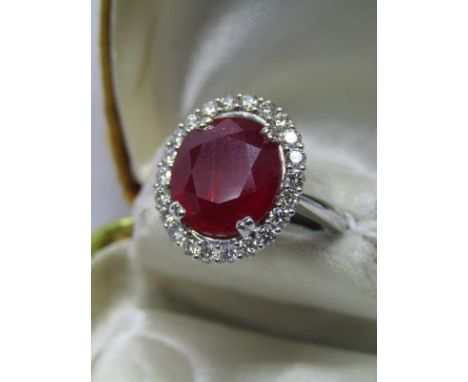 IMPRESSIVE 18ct WHITE GOLD RUBY &amp; DIAMOND RING, large central ruby approx 13.3mm x 12.3mm, surrounded by 21 brilliant cut