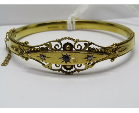 15ct GOLD SAPPHIRE &amp; DIAMOND HINGED BANGLE in fitted case, 13.5grams, very good overall condition, intergrated safety cha