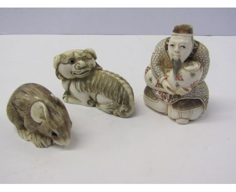 ANTIQUE NETSUKE, signed netsuke of mouse with similar temple dog and merchant, both signed bases 