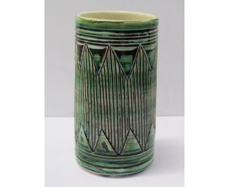 POOLE, green glaze cylindrical 9" vase decorated with ribbed geometric design 