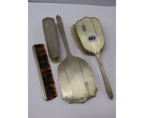 SILVER DRESSING TABLE SET, 4 piece silver dressing table set with engine turned decoration initialled FRS with Birmingham HM 