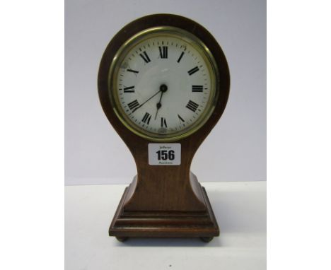 EDWARDIAN BEDROOM CLOCK, inlaid mahogany balloon shaped bedroom clock, 9" height 