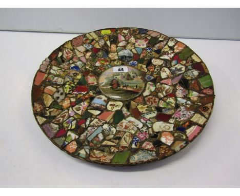 VICTORIAN FOLK ART, pot lid centre ceramic fragment encrusted charger, 13.5" dia 