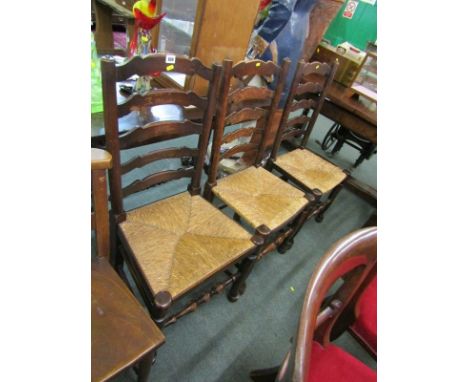 LADDER BACK CHAIRS, set of 4 rush seated antique design ladder back chairs with turned stretchers and pad feet 