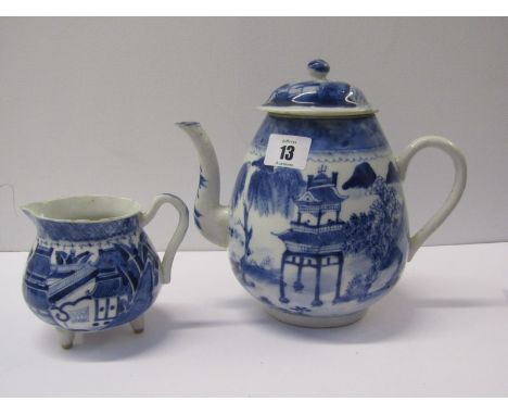 ORIENTAL CERAMICS, 19th Century Chinese export baluster teapot and lid decorated with riverside pagoda, and similar sparrow b
