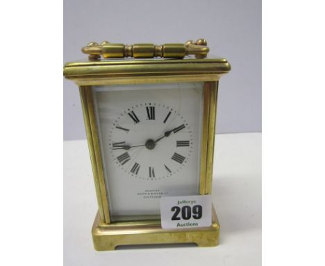 CARRIAGE CLOCK, Mappin &amp; Webb brass bevelled glass carriage clock and key, 4.75" height 