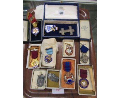 MASONIC JEWELS; 10 assorted Masonic boxed jewels with enamel decoration from various Lodges, three are silver gilt 
