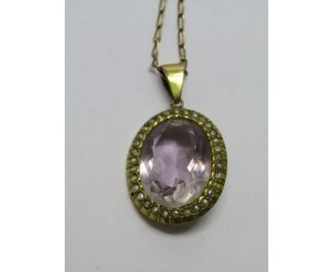 VINTAGE 9ct YELLOW GOLD AMETHYST NECKLACE; Vintage 9ct yellow gold large faceted pale amethyst stone set in 9ct gold mount wi