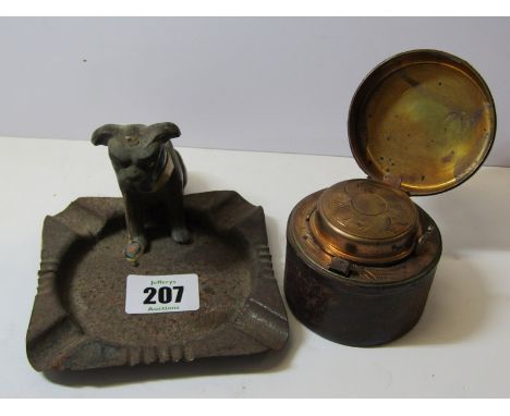 NOVELTY ASHTRAY, painted metal pipe smoking Bulldog ashtray, together with leather cased travelling ink well 