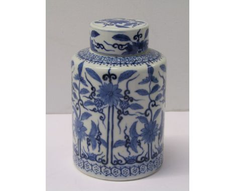 ORIENTAL CERAMICS, underglazed blue floral decorated cylindrical lidded tea caddy with 4 character base mark 6" high 
