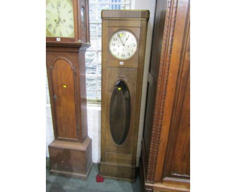 ART DECO LONGCASE CLOCK, oak cased clock with oval bevelled glass pendulum window and satin finish dial 