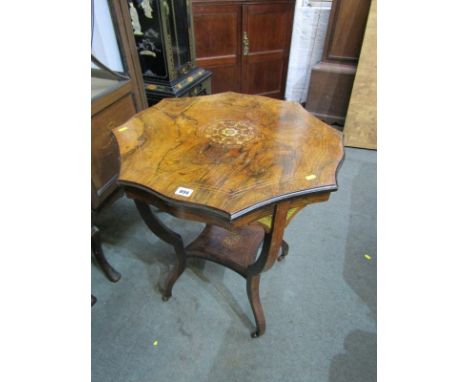 ROSEWOOD OCCASIONAL TABLE; A quality octagonal shaped top occasional table inlaid in rose wood with a floral satin wood inlai