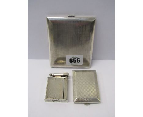 SILVER CIGARETTE CASE with engine turned decoration, also similar card case approx 4 ozs, together with a vintage plated ligh