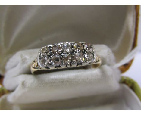 18ct GOLD VINTAGE DIAMOND CLUSTER RING, 2 rows of 5 (10 in total) old cut diamonds in 18ct yellow gold setting, size S/T 