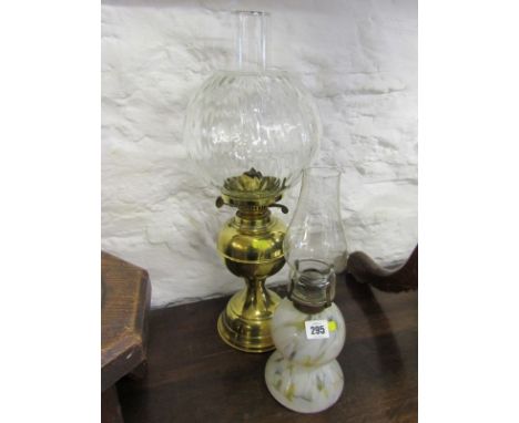 OIL LAMPS, splatter glass base oil lamp and brass pedestal oil lamp with clear glass shade 