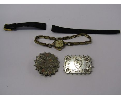 SILVER BROOCHES, 2 vintage silver brooches, 1 with decorated with horse shoes and anchor, also a ladies wrist watch 