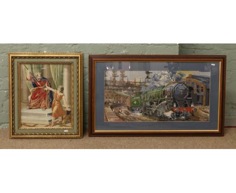 A mahogany framed woolwork of a steam engine leaving the station along with a court interior scene.