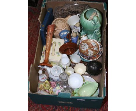 A box of mixed ceramics and glassware to include Sylvac vase, Carltonware gravy boat and saucer, Royal Doulton cheese dish, c