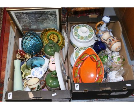 Two boxes of miscellaneous ceramics and glass including Poole, Torquay and Faience ware etc.