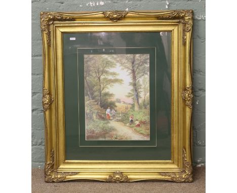 A ornate gilt framed print rural landscape scene.