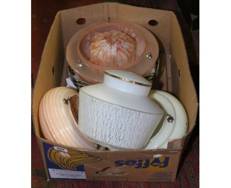 A box of mostly vintage ceiling light shades including Art Deco examples.