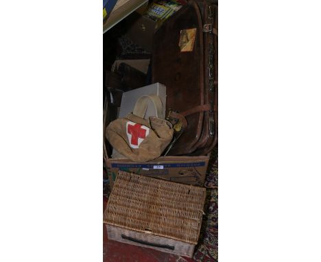 A pair of leather boots, Gladstone type bag, wicker basket, vintage purse, umbrella and first aid satchel.