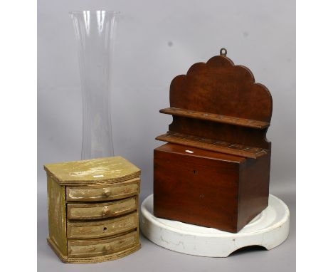 A mahogany pipe rack, antique mahogany box, a pottery stand, large glass vase and a miniature bow front chest.