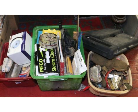 Three boxes of DIY tools and accessories to include part socket set, Draper torque wrench, Pifco steam cleaner, various hand 